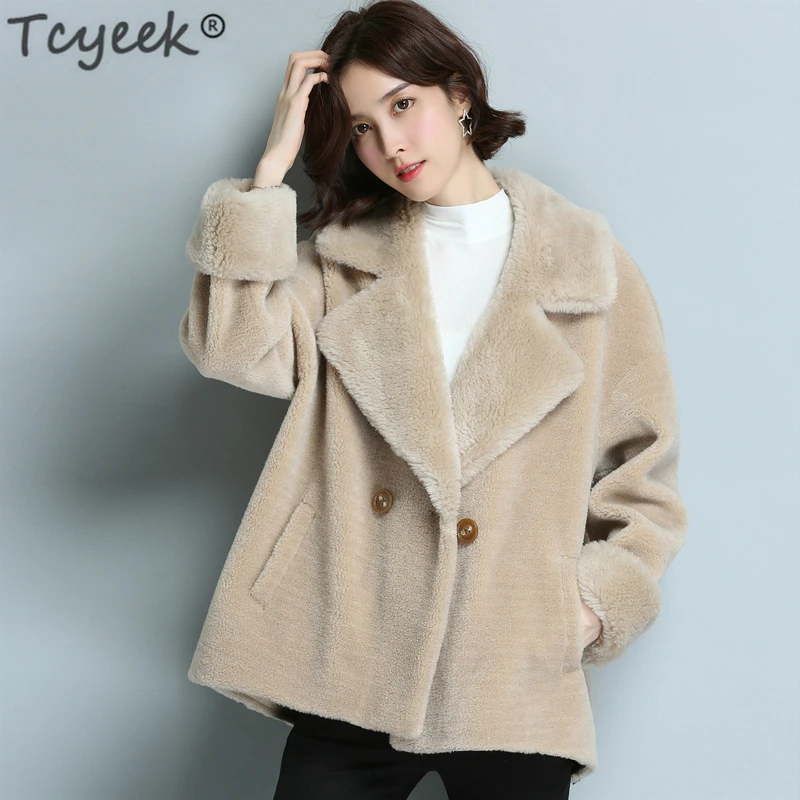 Tcyeek/Осенняя женская зимняя одежда из овечьей шерсти; короткие двубортные пальто; весенние Куртки из натуральной шерсти; LWL1355