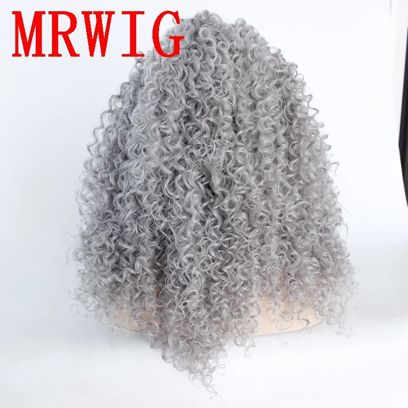 MRWIG 18in 180% Плотность кудрявый средний серый синтетический свободная часть передний кружевной парик Термостойкое волокно