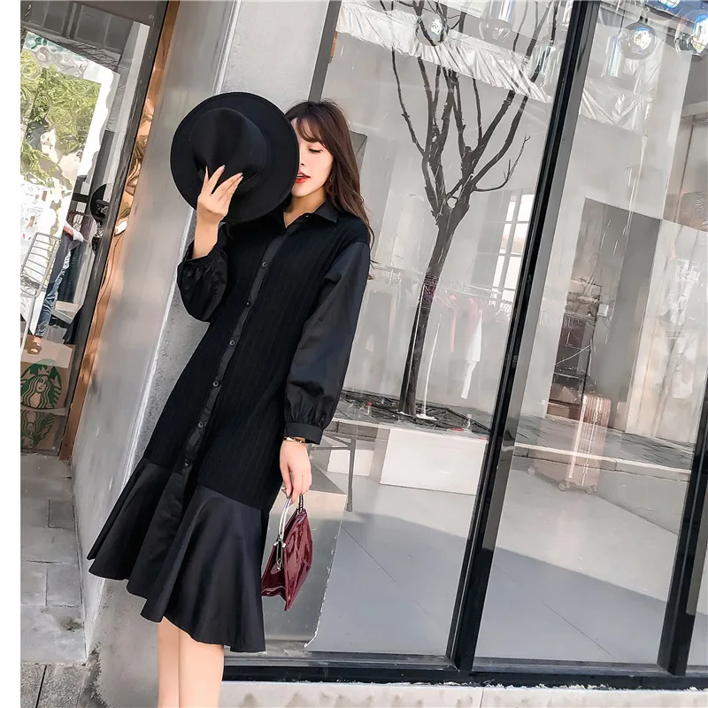 Женское платье рубашка средней длины с длинным рукавом|Женские платья| |