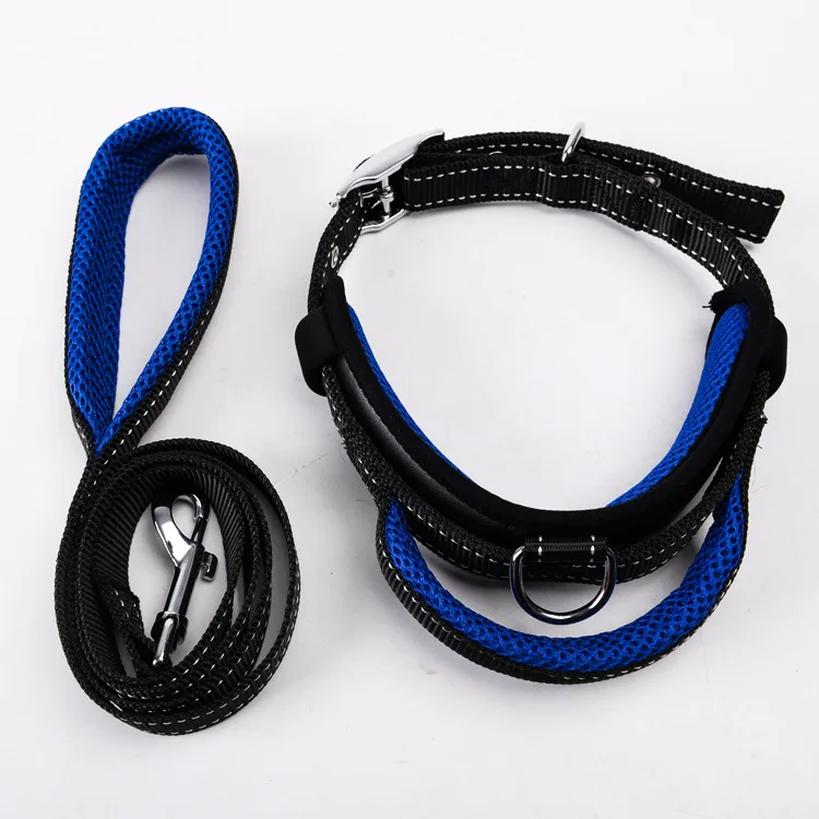 Blue Собачий ошейник, поводок, высокая прочность, нейлоновая сетка, дышащий, регулируемый, для маленьких и больших собак, ручка, поводок, ошейник, аксессуары для собак - Цвет: Blue