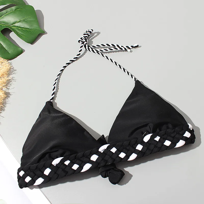 Купальник женский однотонный черный зеленый синий с плетеной веревкой вырезом