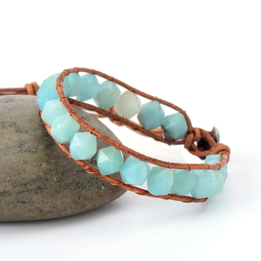 Новый DIY натуральная кожа Amazonite браслеты с бусинами из натурального камня