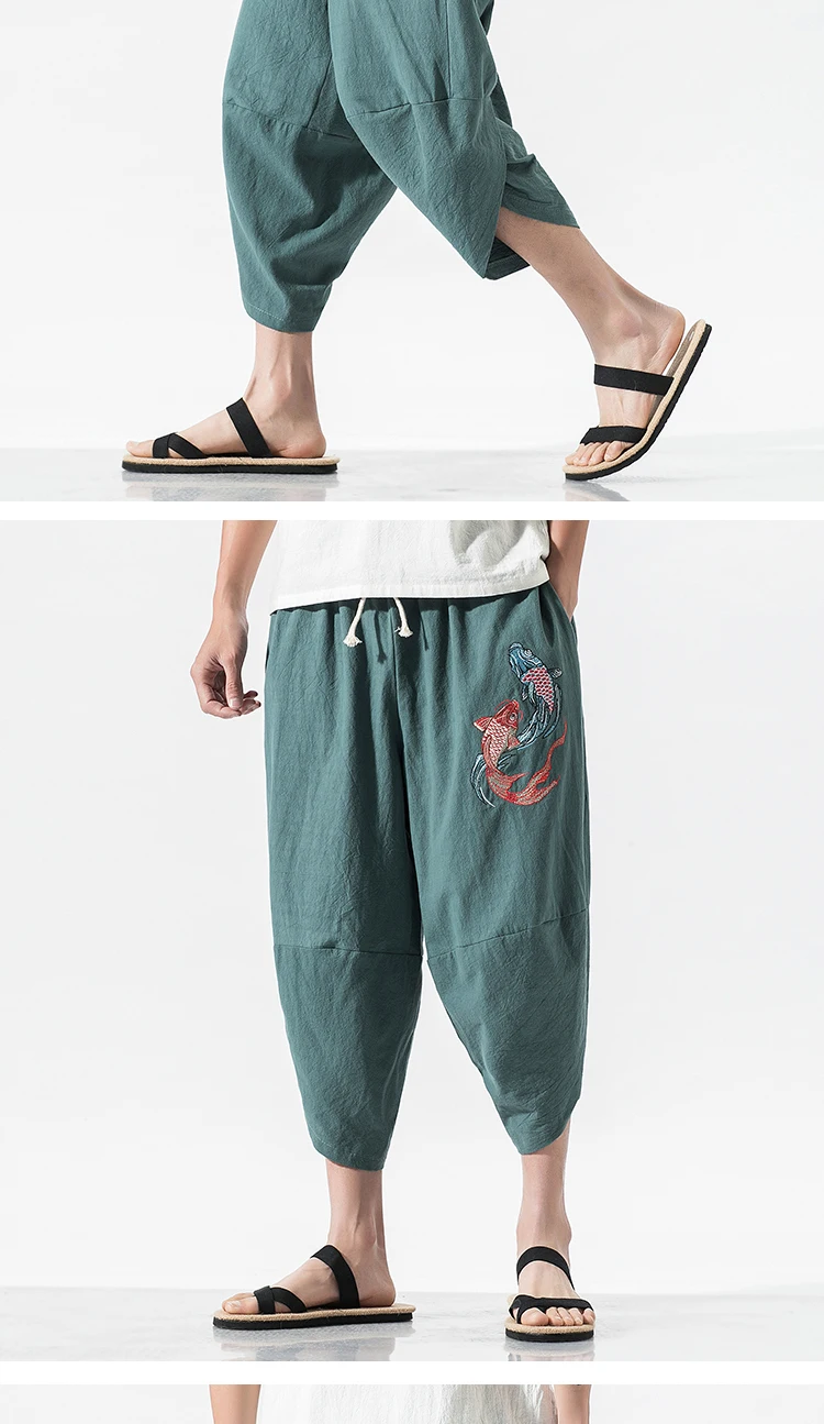 Sinicism Store, летние мужские шаровары,, Мужские штаны для бега в китайском стиле, штаны с вышивкой рыбы, мужские повседневные штаны в стиле хип-хоп