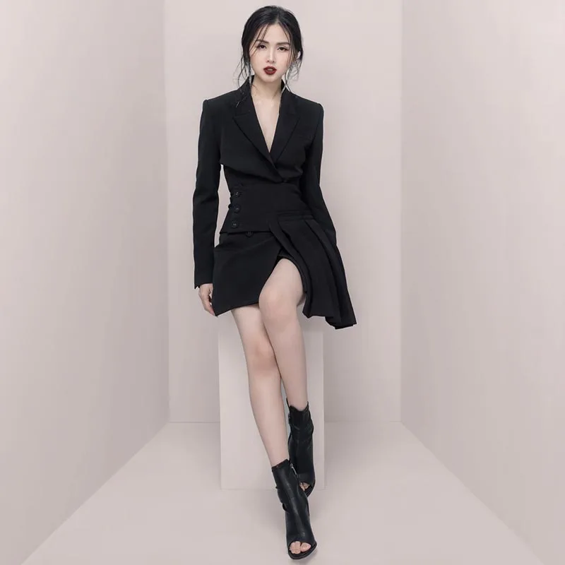 Женское платье двойка INDRESSME черный облегающий костюм с v образным вырезом и