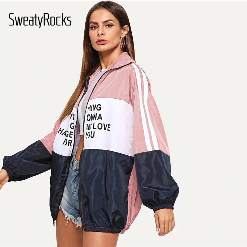 SweatyRocks Athleisure цветная ветровка на молнии с буквенным принтом модная разноцветная Женская Осенняя куртка на молнии