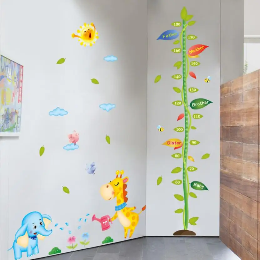 Милый жираф слон дети высота настенный стикер семья измеритель высоты s животных