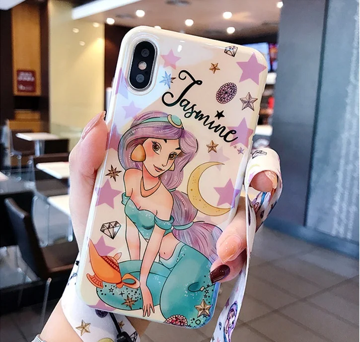 For iPhone XS Max jasmine princess phone Cases iphone X XR 6 6Splus 7 7Plus Ariel soft cover +Silk ribbon strap |