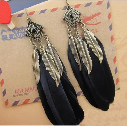 2016 Fashion Charms Vintage Drop Long Earrings feather black dangle earrings Jewellery bohemian | Украшения и аксессуары