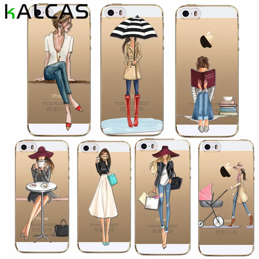 Чехол KALCAS для Iphone 7 Plus 6 6S 5 5S прозрачный тонкий чехол из ТПУ с принтом девочек