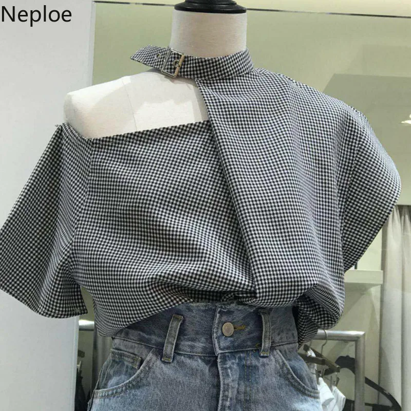 Женская блузка с лямками Neploe повседневная клетчатая коротким рукавом корейская