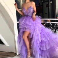 high low tulle prom dresses 2019 sexy spaghetti strap tiered tulle unique cocktail gowns purple formal dress vestido de festa
