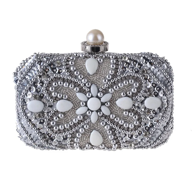 

New Winter New Hand-beaded Diamond Evening Clutch Bag Long Chains Shoulder Bag Handicraft Female Floral Beading Flap Handbag