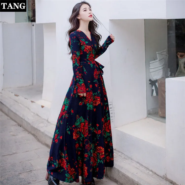 Tang летнее платье 2019 красный цветочный принт с длинными рукавами макси Глубокий v