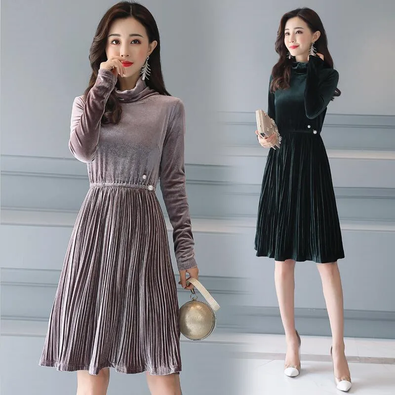 2020 осенне зимнее женское плиссированное платье с высоким воротником плюс размер