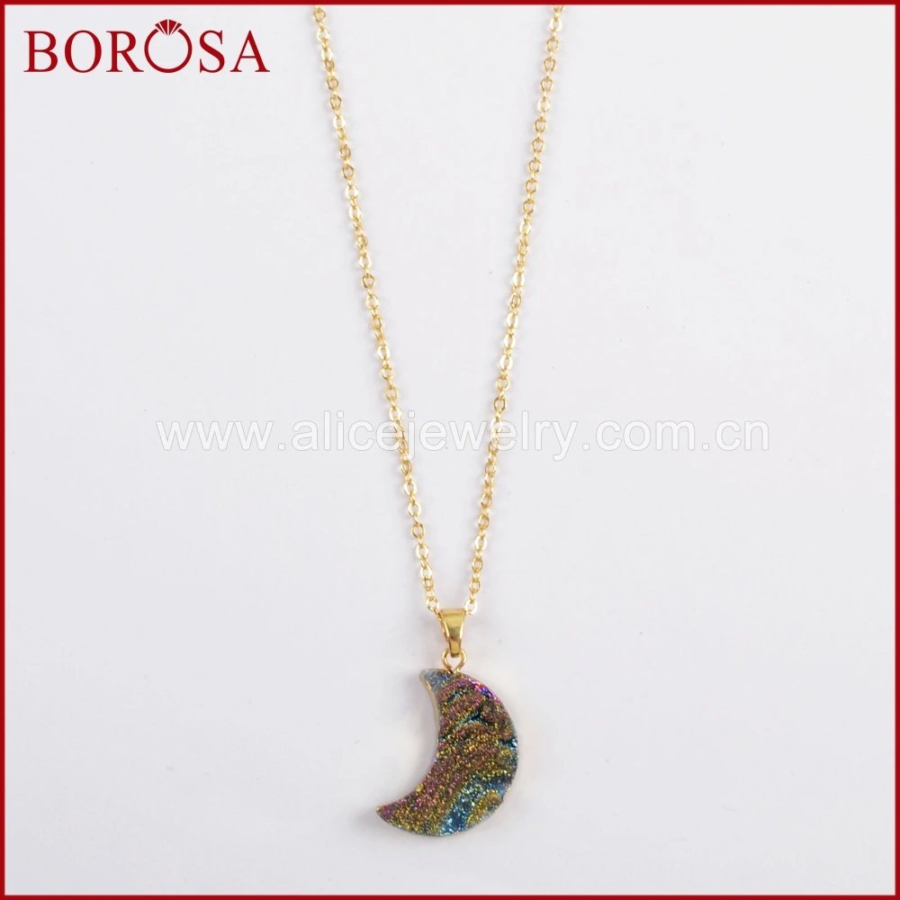 

BOROSA 5/10PCS Trendy 16" Gold Color Moon Rainbow Titanium Galaxy Druzy Quartz Pendant Necklace for Handmade Jewelry G1611-N