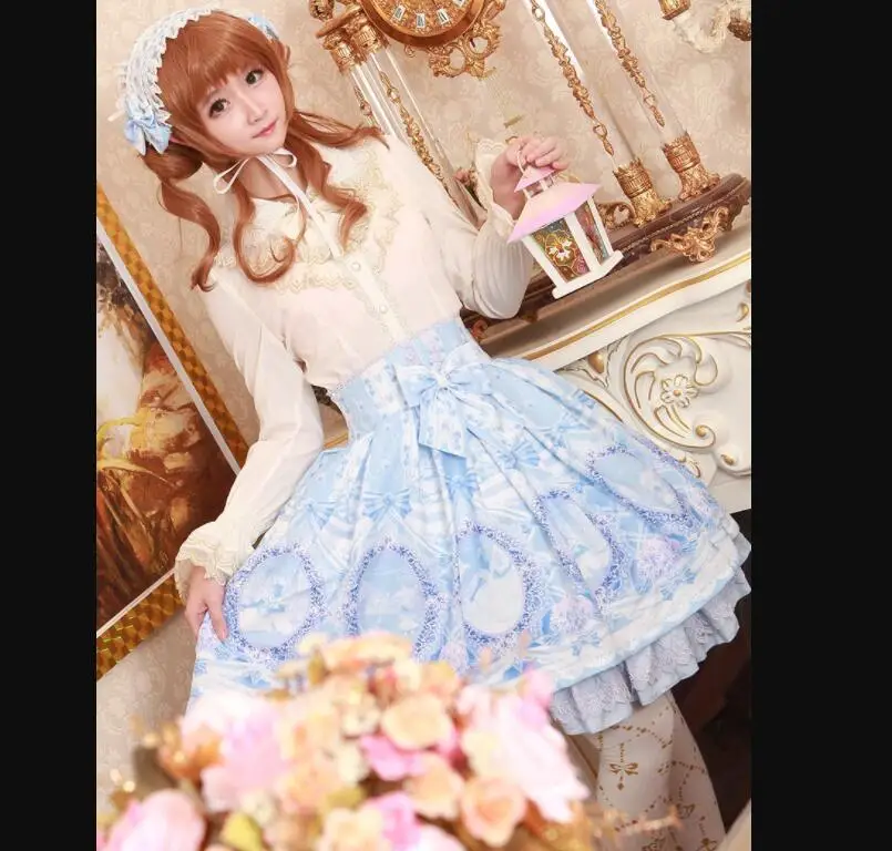 Лолита юбка в ретро-стиле с милым принтом узлом-бантиком кружевной викторианском