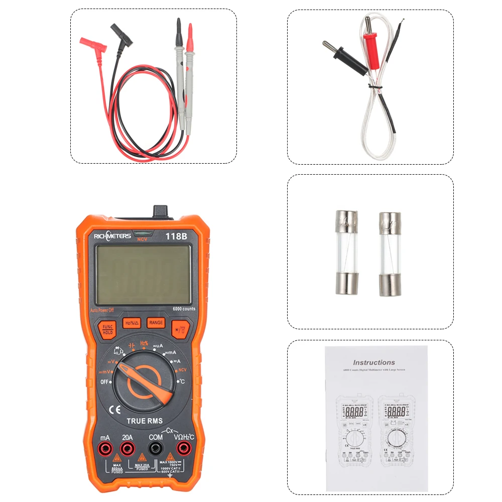 Цифровой мультиметр RICHMETERS 118B 20 А 6000 отсчетов Бесконтактный индикатор напряжения