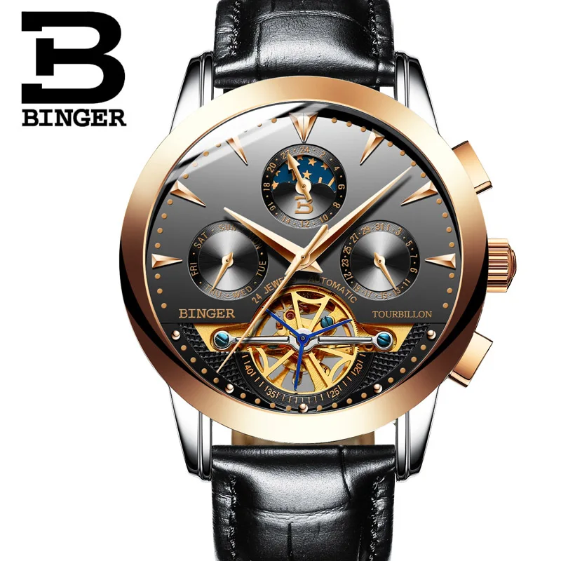 Tourbillon Men Top Luxury Brand Watches Automatic Mechanical Watch Stainless Steel Waterproof BINGER relogio masculino B-1188G - Цвет: 09