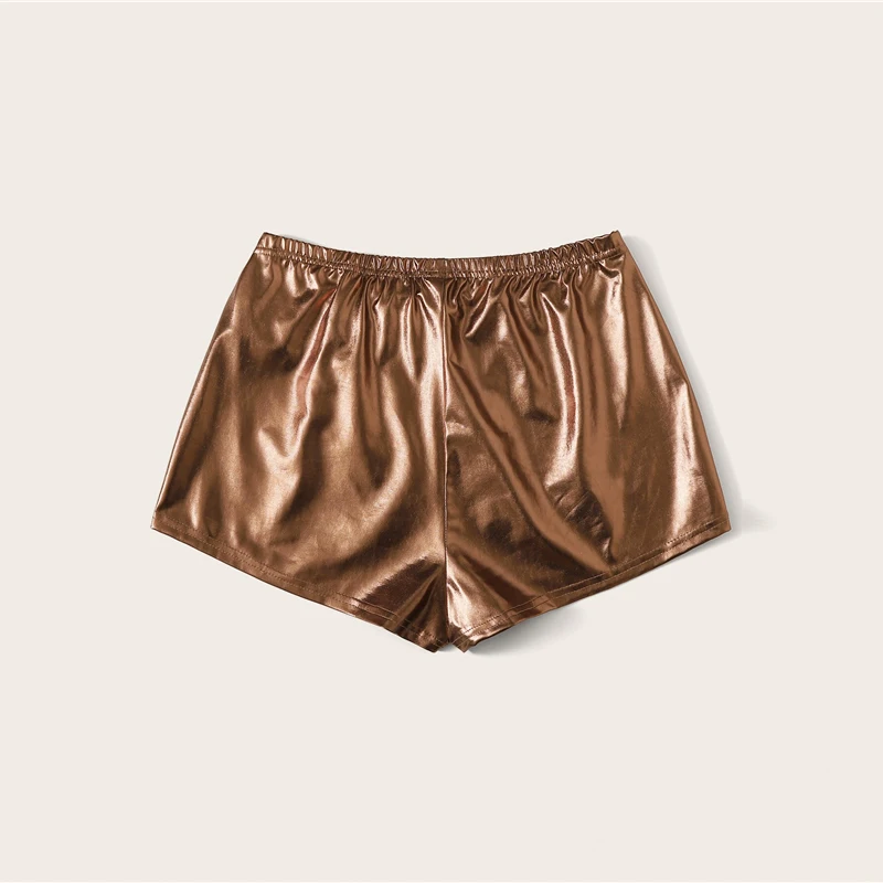 SHEIN однотонные шорты из искусственной кожи с завязками на талии, женская одежда, женские Гламурные Серебристые летние шорты с эластичной талией