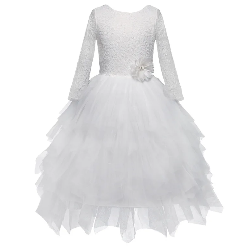 Летние официальные белые платья для девочек Пышное Платье с длинным рукавом