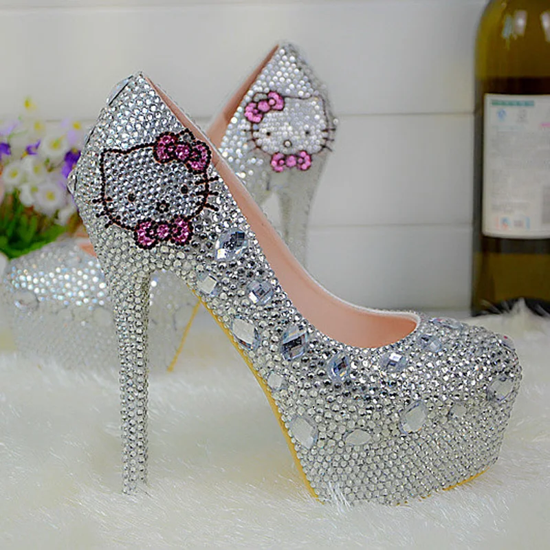 

Sexy Women Silver Rhinestone Wedding Shoes 2018 New Fashion Round Toe Gorgeous Prom Event Pumps Plus Size 44 Bridesmaid Shoes