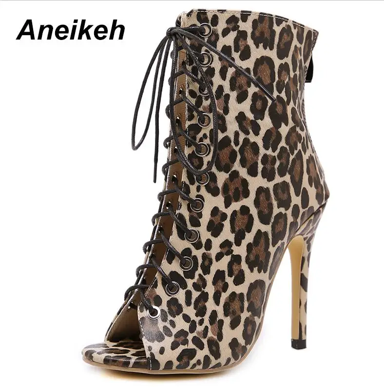 Leopard Print Aneikeh/Новинка года; женские ботинки на шнуровке; ботильоны с леопардовым принтом; модная пикантная женская обувь на высоком каблуке с открытым носком; ботинки «Челси» - Цвет: Leopard Print