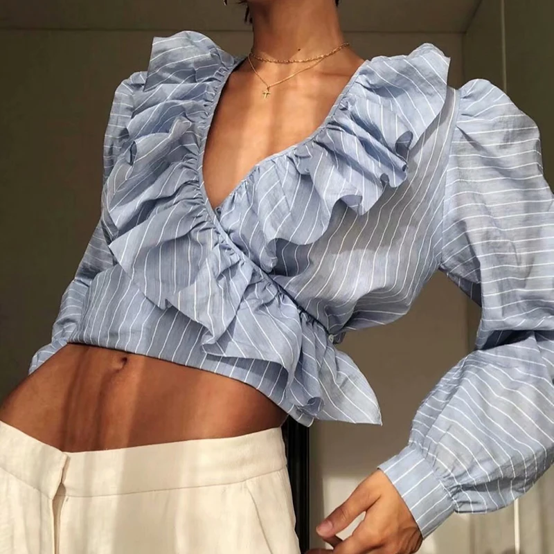 Повседневная полосатая блузка с v-образным вырезом и оборками Женская свободная