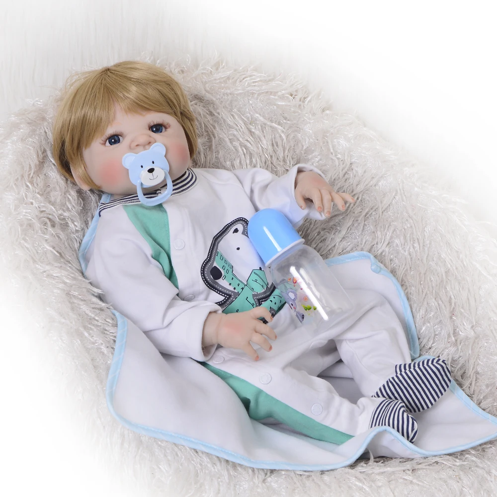 

High end full Silicone Reborn Bebe Boy Doll Realistic Bebe In fashion clothes 22" alvie blue eyes Doll creative Gift For Child