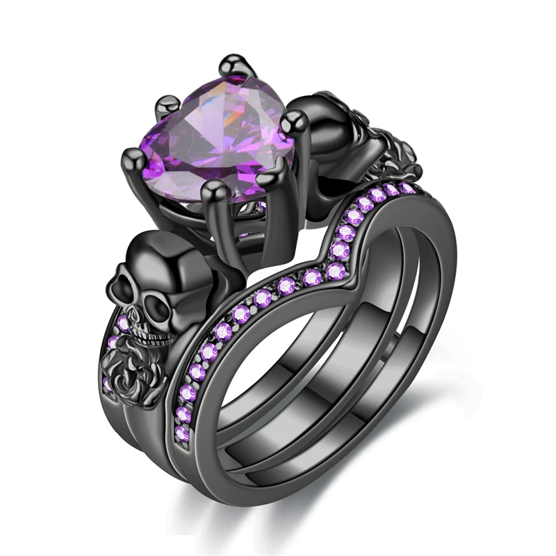 black purple Готический череп палец черный серебряный женские обручальные кольца набор для женщин девушка красное сердце кристалл CZ Роза ювелирные изделия подарок дропшиппинг - Цвет основного камня: black purple