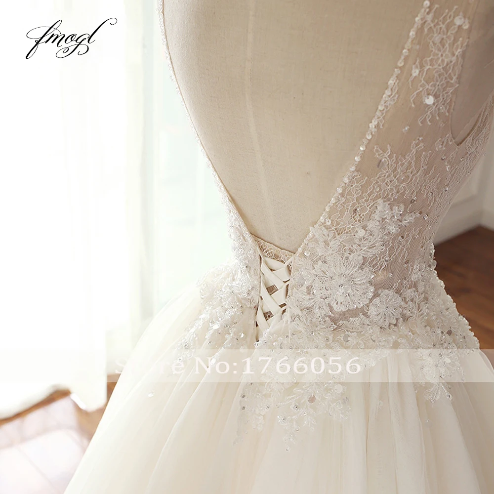 Fmogl Vestido De Noiva сексуальное свадебное платье без спинки с v-образным вырезом и складками, вышитое бисером, а-образное кружевное свадебное платье размера плюс