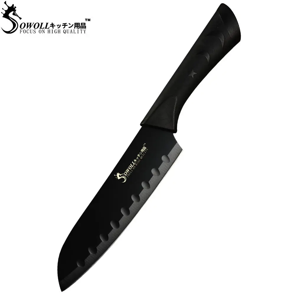 7 inch Santoku Knife Кухонный нож SOWOLL из нержавеющей стали, комплект из 6 предметов, нескользящая ручка 3," 5" " 8" " 8", черный нож из нержавеющей стали, распродажа - Цвет: 7 inch Santoku Knife