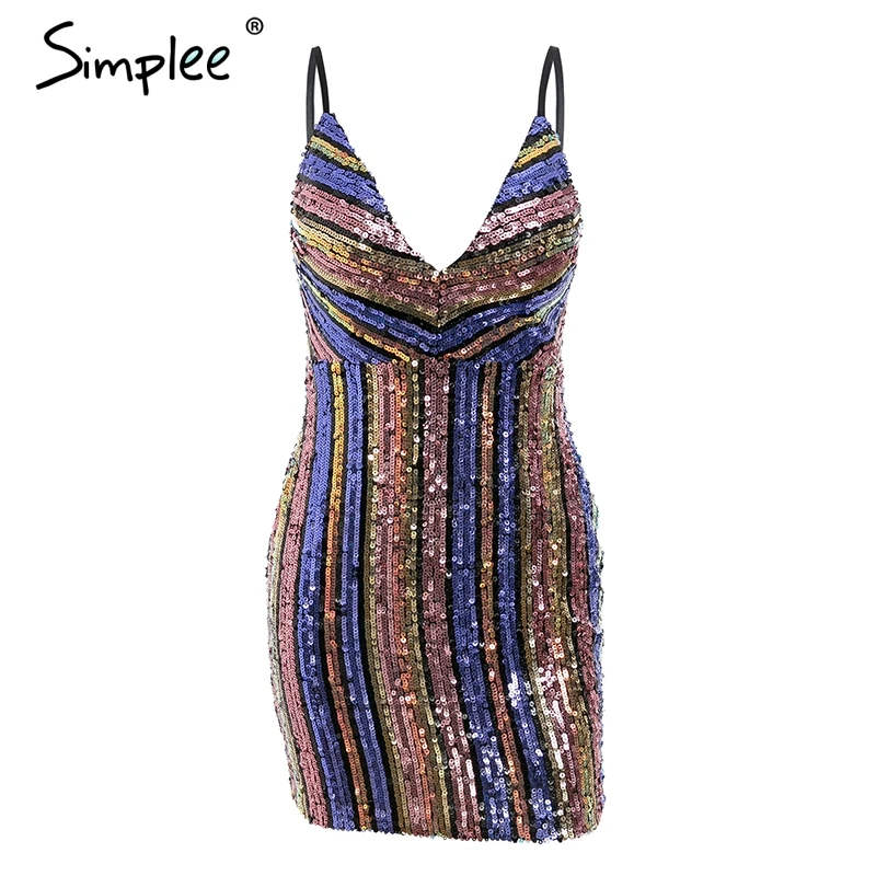 Simplee Sexy блестками Новогоднее платье женские большие размеры ремень bodycon Женский