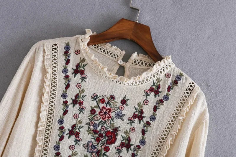 Fashion Spring ZA Style Blouse Women Long Sleeve Floral Embroidery Lace Pacthwork Hollow Out Ruffle Blusas Feminina |