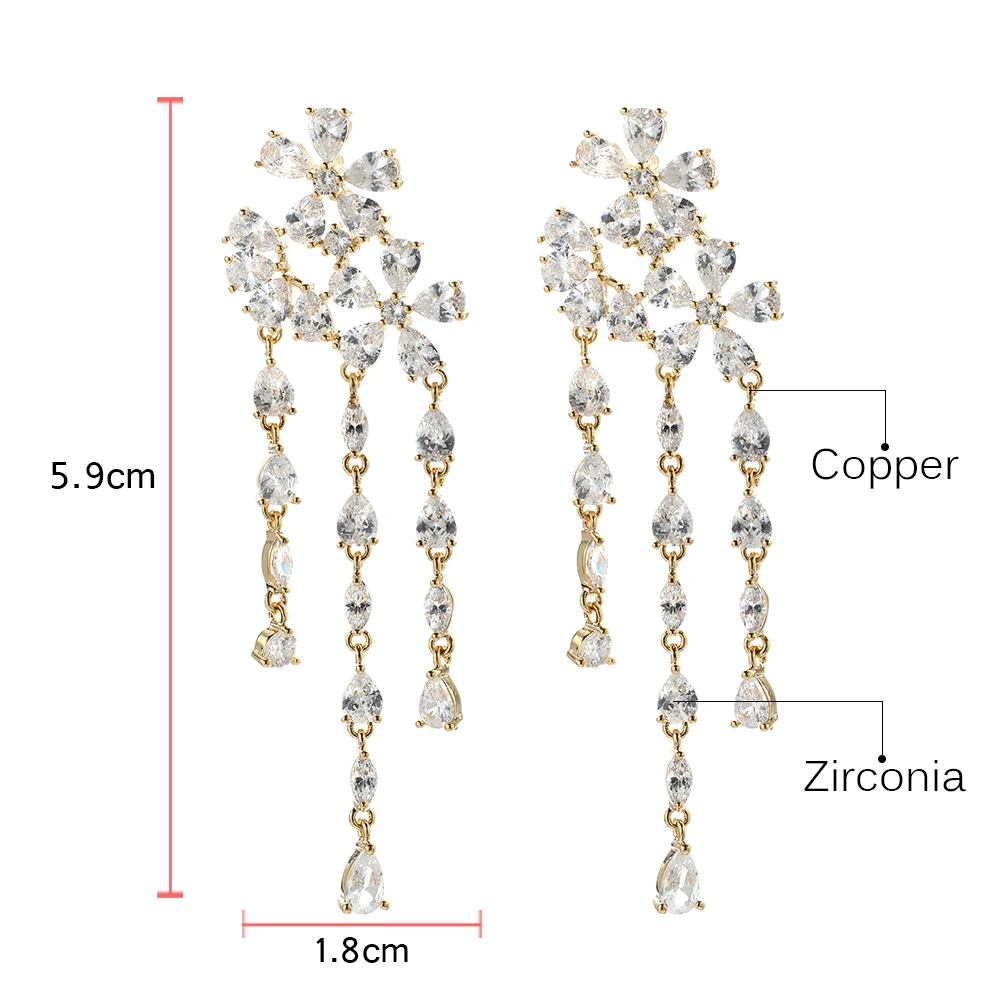 Женские длинные висячие серьги с фианитом AAA + цветком и цветочной кисточкой