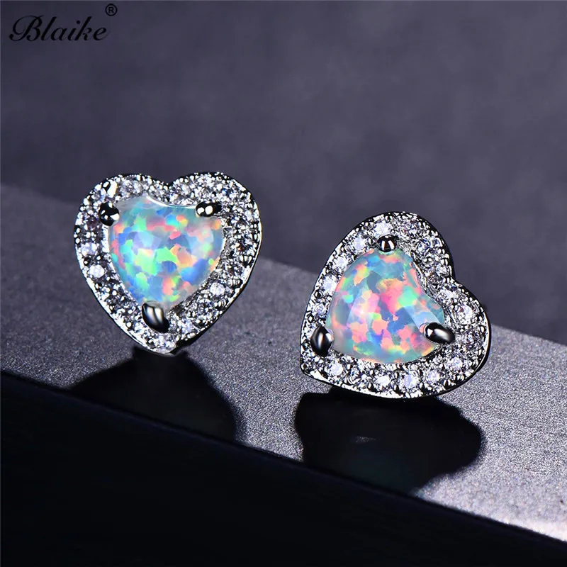 Blaike 925 пробы серебряные серьги-гвоздики для женщин Изящные Белые серьги с огненным опалом милые Ретро ювелирные изделия в форме сердца