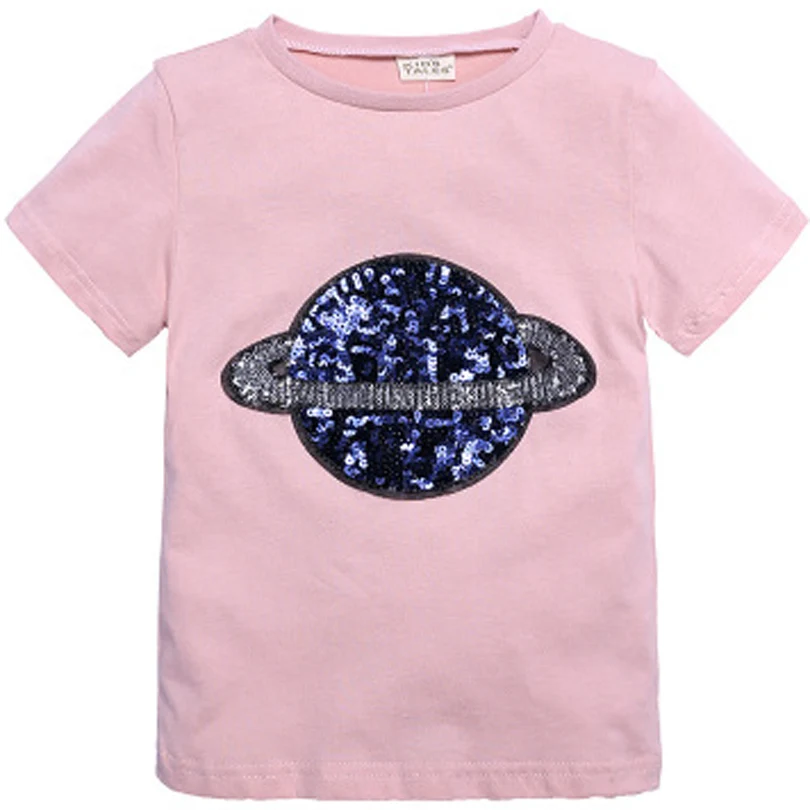 pink Г., летняя модная повседневная футболка для маленьких мальчиков и девочек с блестками и принтом «Планета» Однотонная футболка для маленьких девочек одежда с короткими рукавами От 1 до 8 лет - Цвет: pink