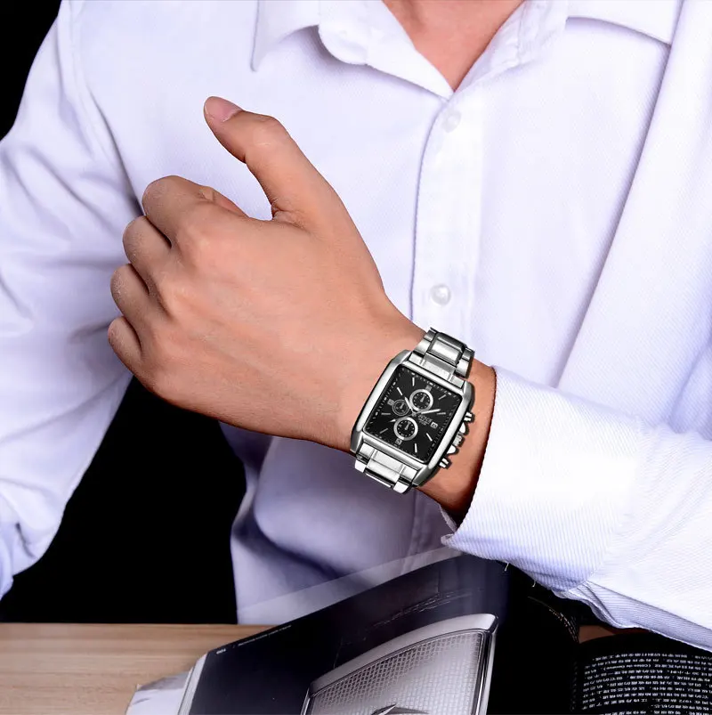 Часы мужские Новинка 2017 прямоугольный полный стали Кварцевые часы модный бренд