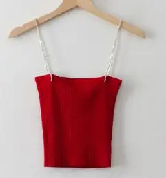 red tops SheMujerSky женский укороченный топ на бретельках, металлические стразы, цепочка, трикотажные топы, сексуальный тонкий белый укороченный топ - Цвет: red tops