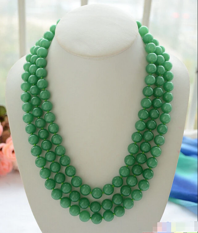 

S1747 3row 12mm round green Natural stone bead necklace^^^@^Noble style Fine jewe FREE SHIPPING