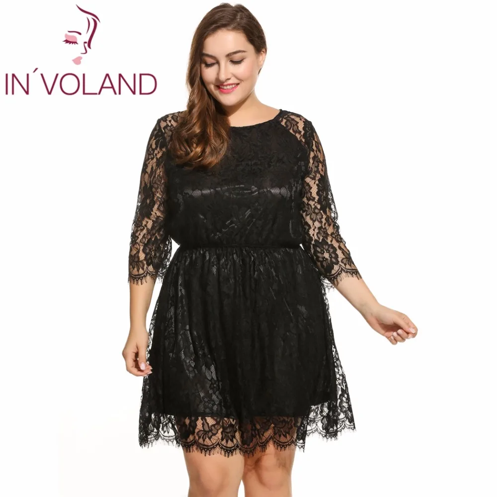 IN'VOLAND Women Lace Dress Plus Size 4XL Vintage Spring Autumn Long Sleeve Solid O Neck Party Dresses Feminino Vestidos | Женская