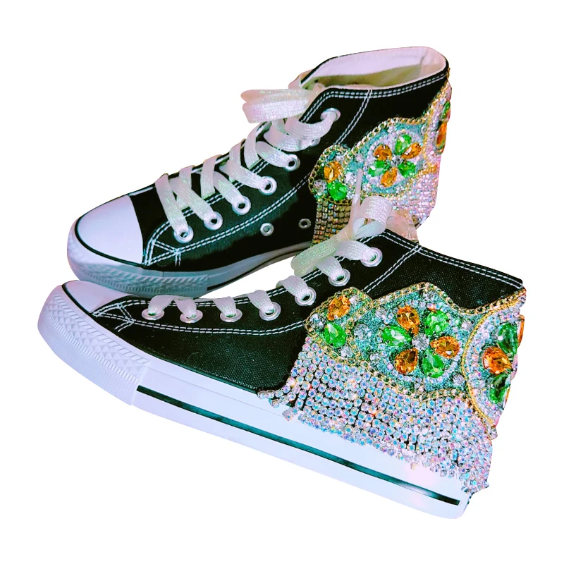 

Spring and summer new heavy industry hand inlaid diamonds European thick station bottom high help canvas band leisure