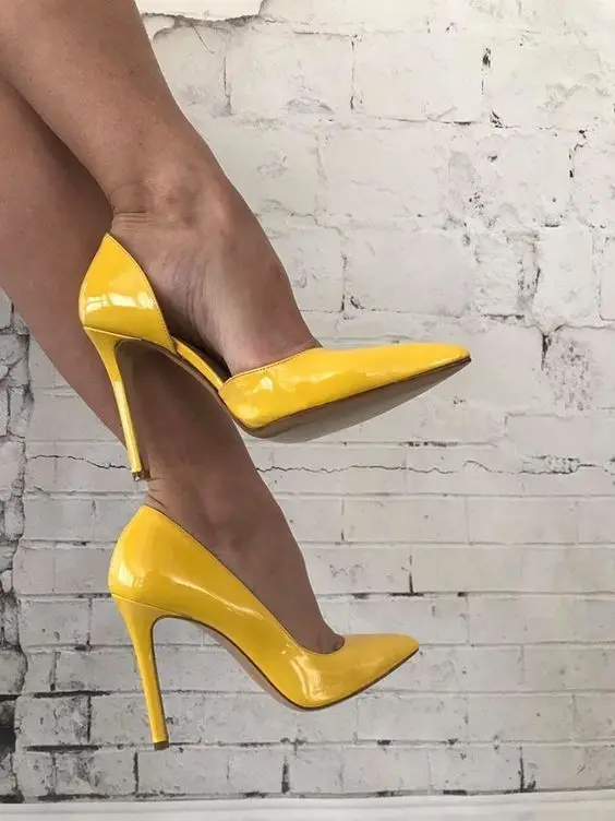 

Moraima Snc Yellow Patent Leather High Heel Shoes Woman Sexy Pointed Toe Pumps Cutouts Thin Heels Party Dress Heels