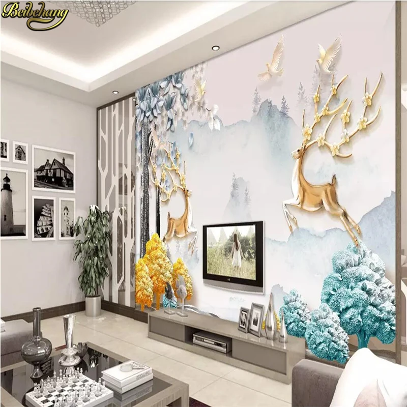beibehang Custom Elk Fortune Tree Nordic Simple Embossed wallpapers for living room TV Background mural wall papers home decor |