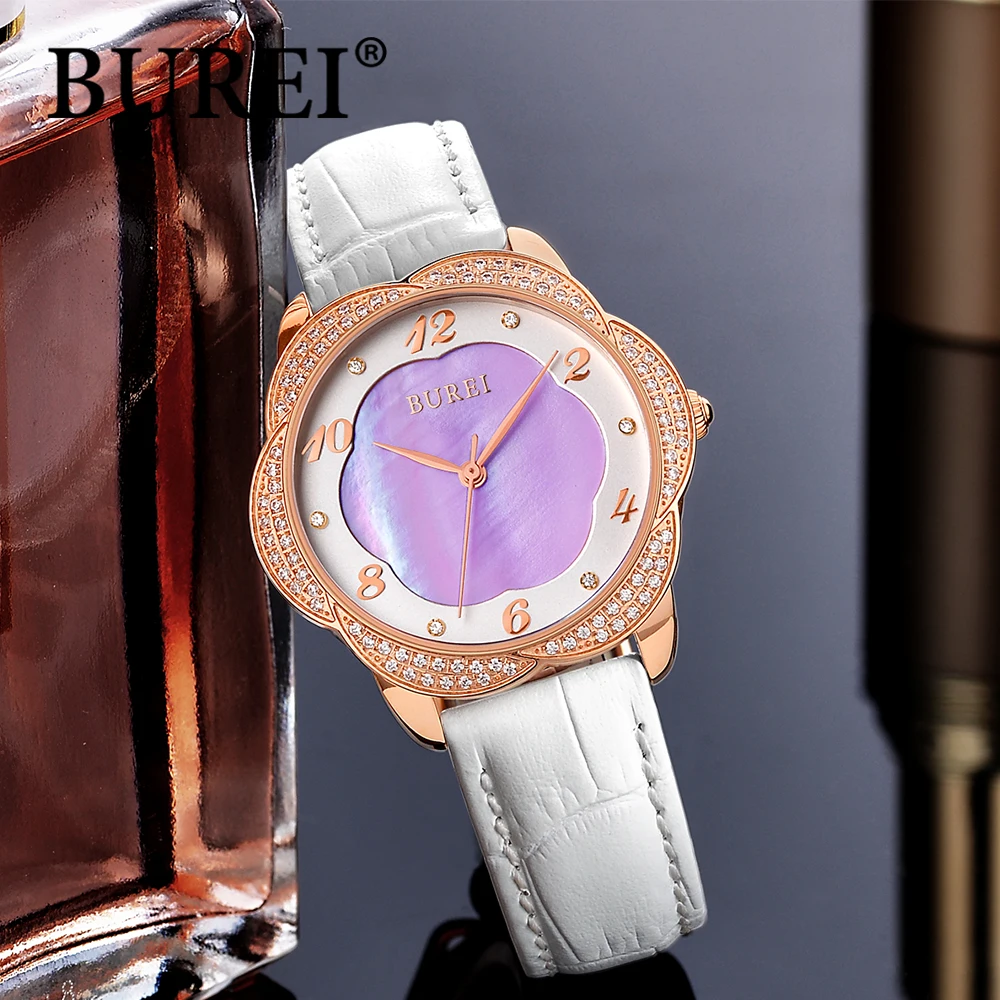 BUREI белые кожаный ремешок наручные часы из нержавеющей алмазов цветок Стальной