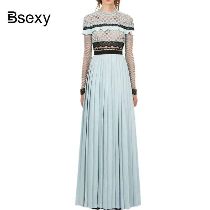 Высококачественное женское длинное платье 2018 осень высокая развилка кружева