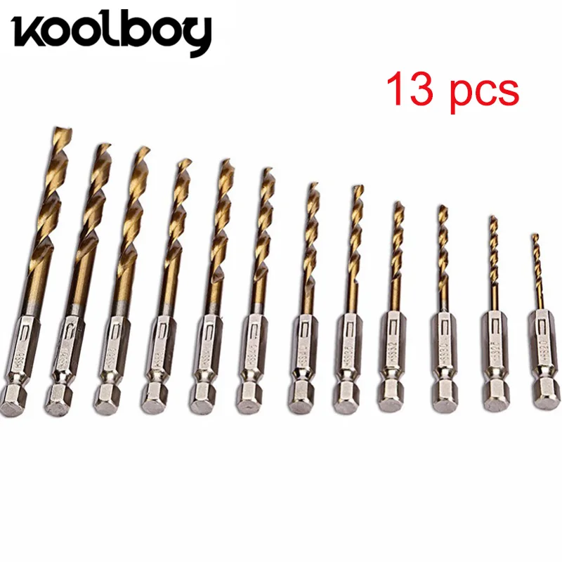 

Koolboy 13 шт./компл. 1,5-6,5 мм набор сверл из быстрорежущей стали с титановым покрытием, спиральный шестигранный хвостовик для деревообработки, ме...