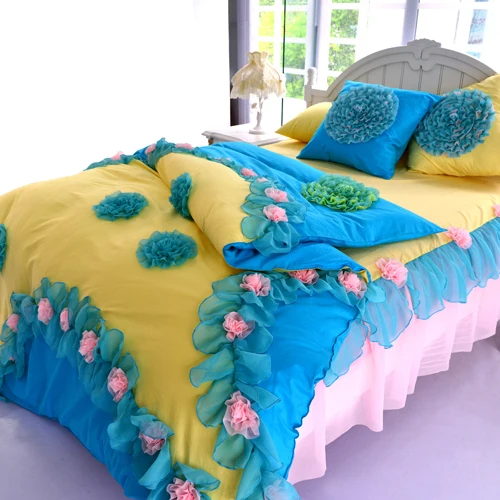 Free Ship Home Textile Princess Lace Ruffle Bedding Set Blue Pink Yellow Sets Queen King Bed 4Pcs Wedding Cover | Дом и сад