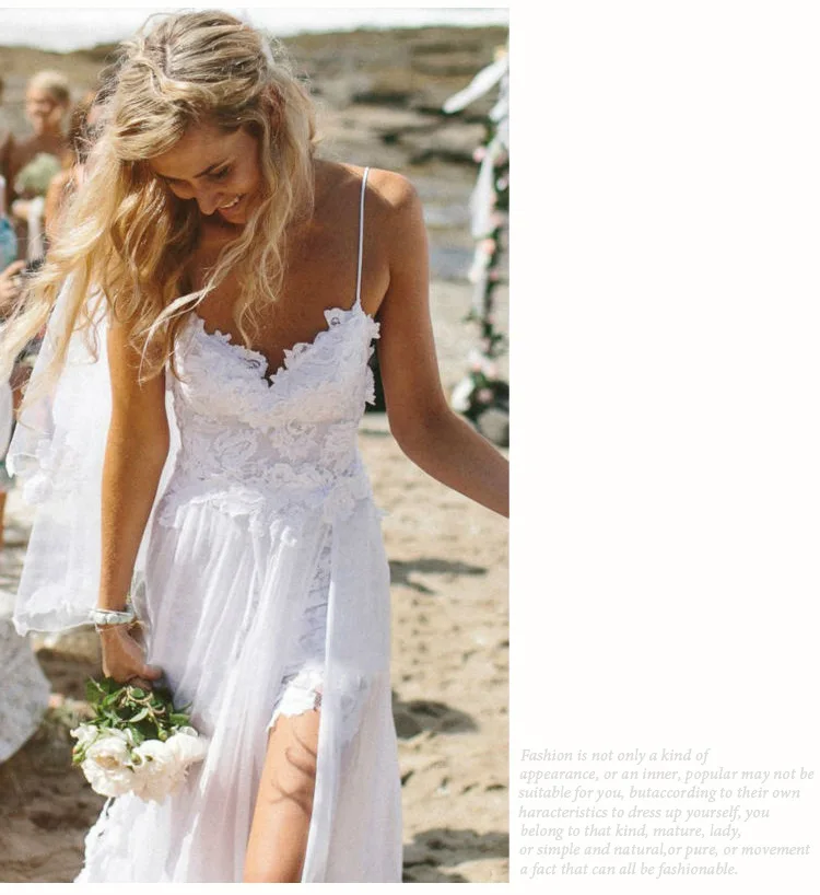 Romantic Summer 2019 Beach Boho Evening Dress Low to High Chiffon Deep V-Neck Spaghetti Strap Lace Bridal Long Dresses | Свадьбы и