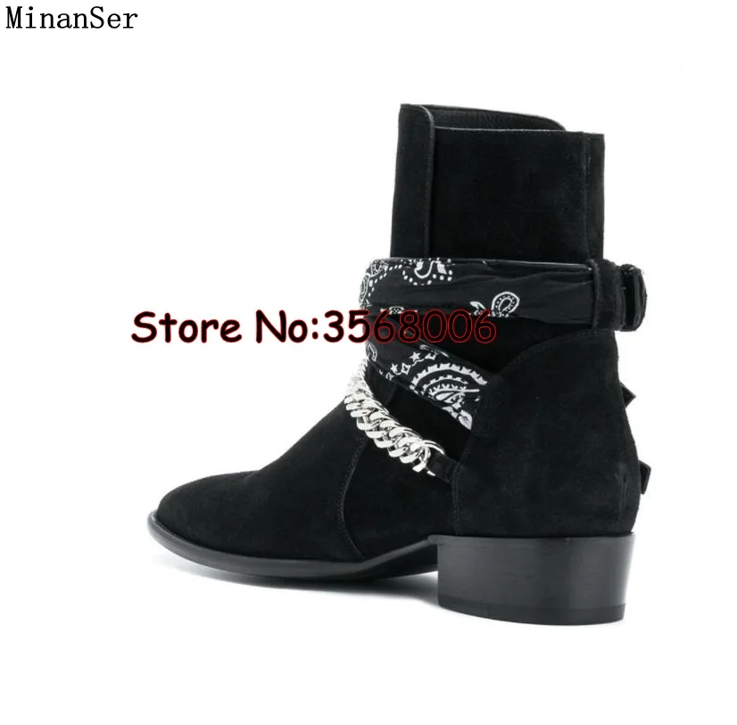 Мужские ботинки «Челси» с металлической цепочкой и пряжкой высококачественные мужские ботильоны из натуральной замши с круглым носком без застежки низкий каблук