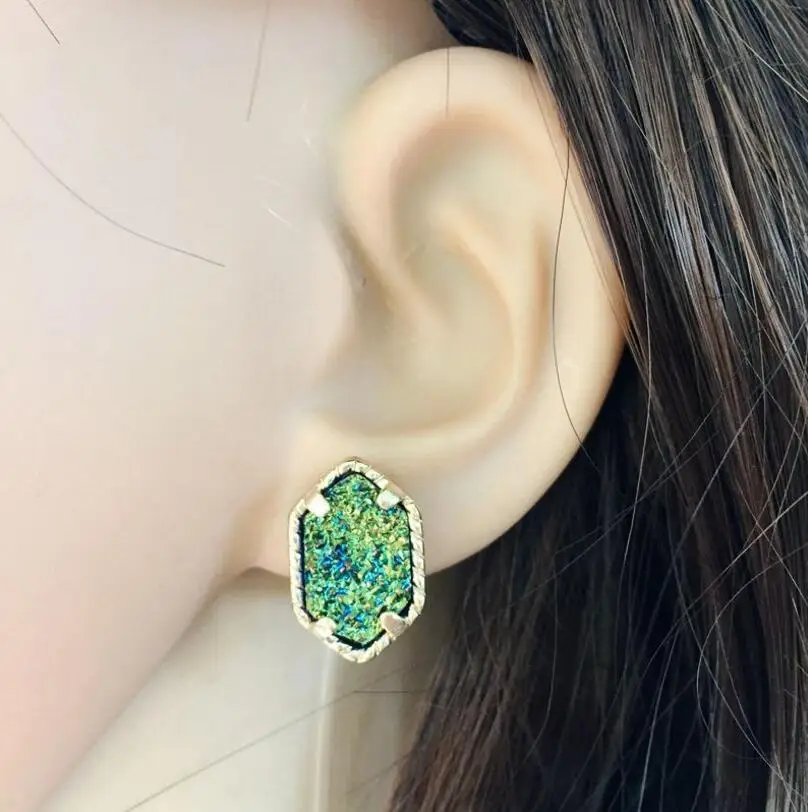 10 цветов, золотые серьги-гвоздики Druzy Drusy, шестигранные серьги из акриловой смолы, модные брендовые женские ювелирные изделия, вечерние, свадебный подарок